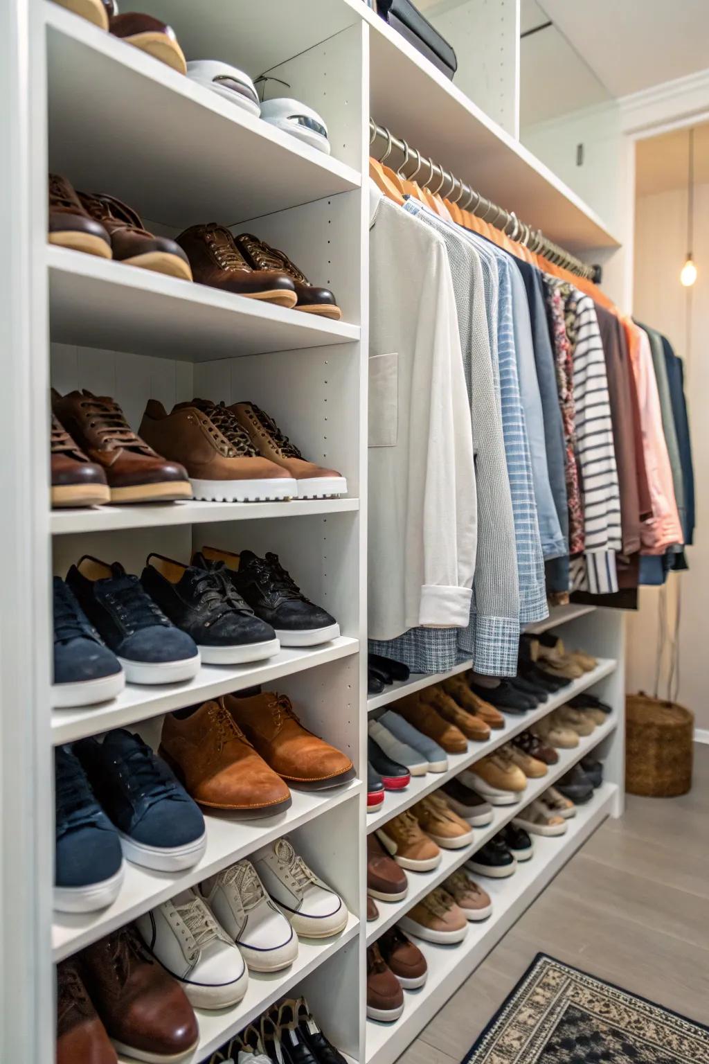 A closet featuring cutting-edge stands for efficient shoe storage.
