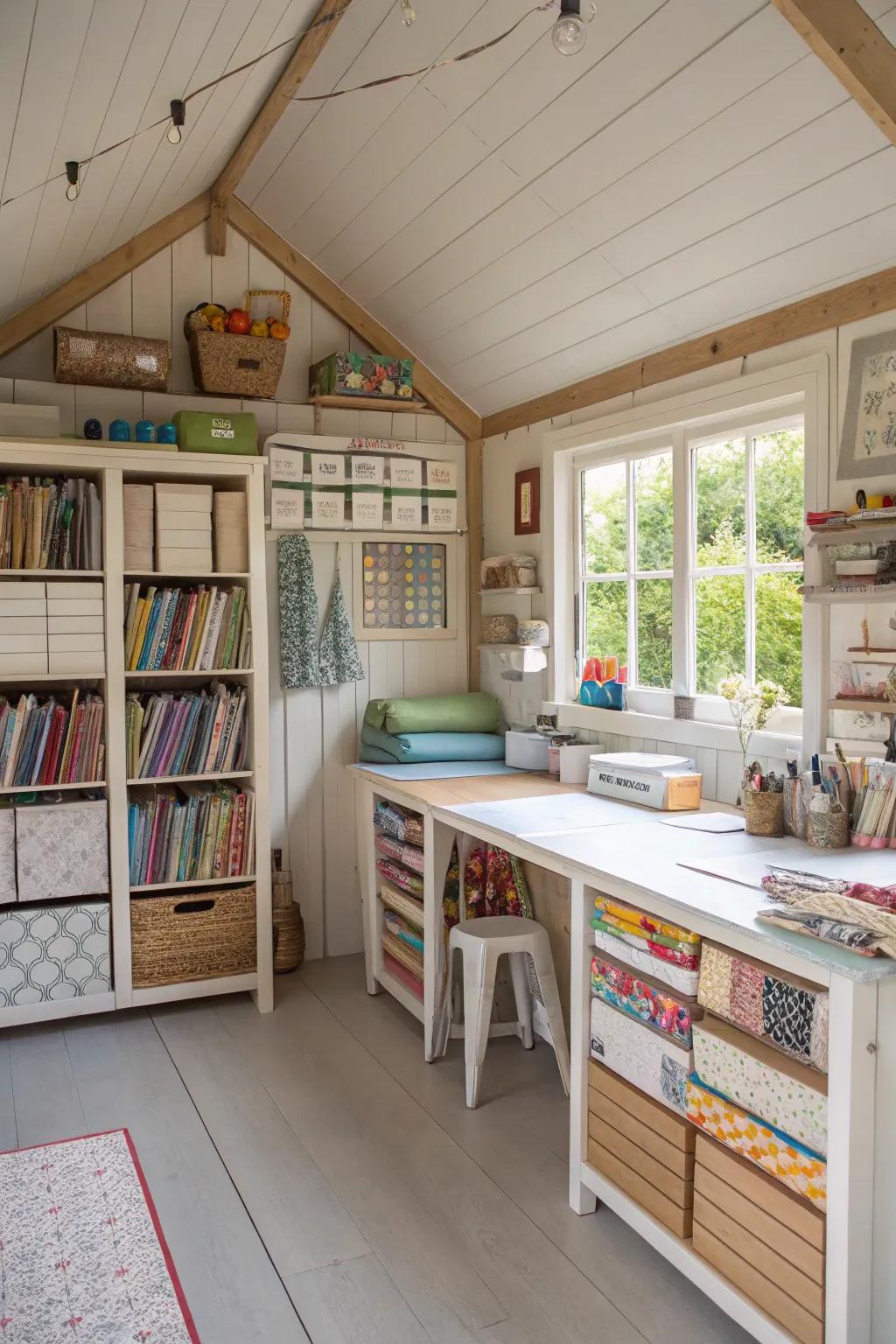 Organize a crafting corner in your she shed with smart storage solutions and a dedicated work area.