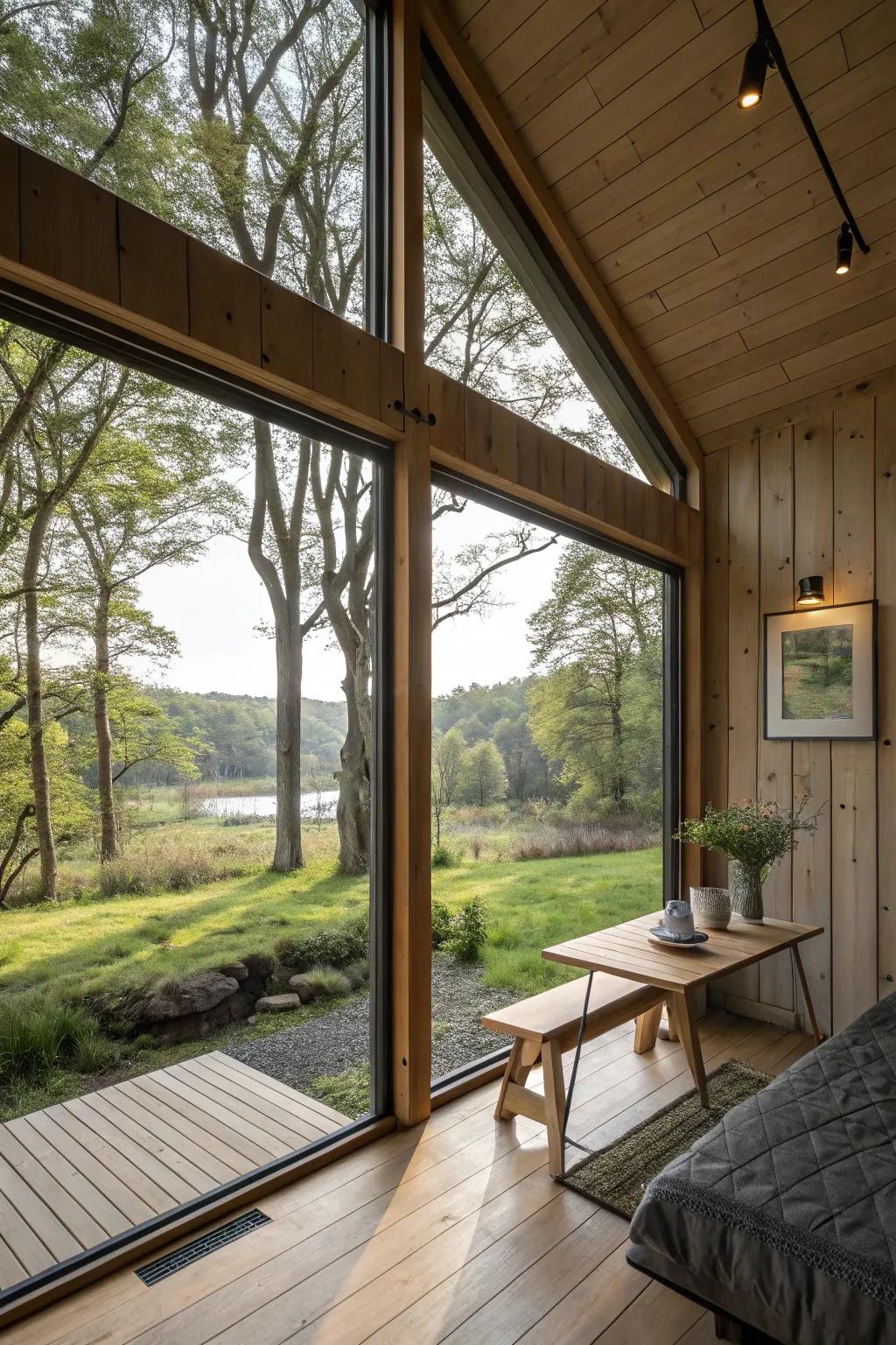 A converted shed with expansive panes providing stunning vistas of nature.