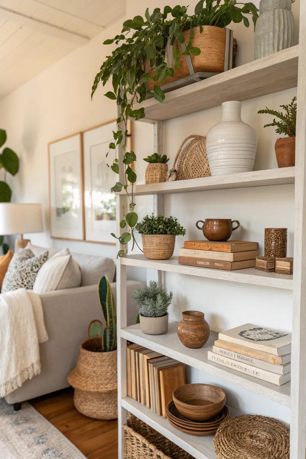 Neutral tones evoke a sense of serenity and equilibrium on shelves.