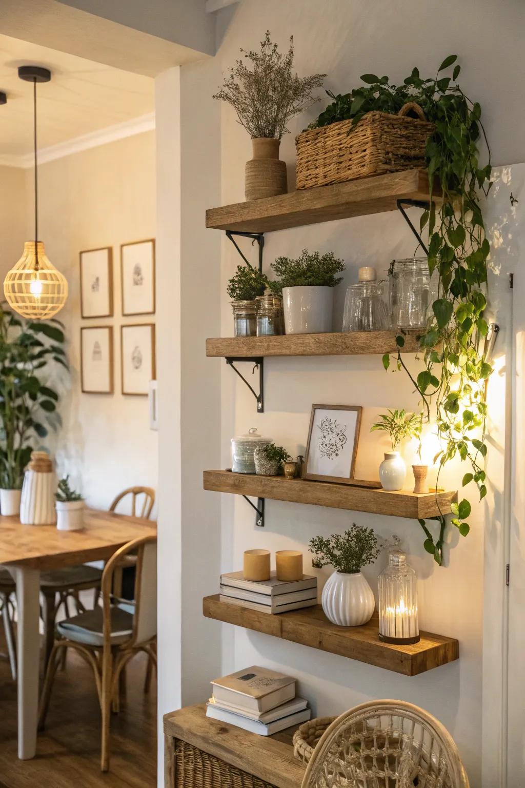 Drifting shelves impart an airy ambiance to the dining room.