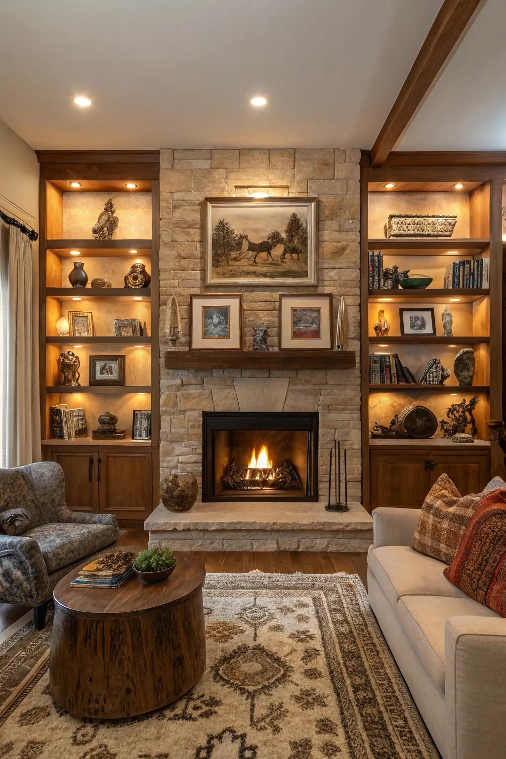 Shelves serve as a mini gallery for artworks and sculptures.