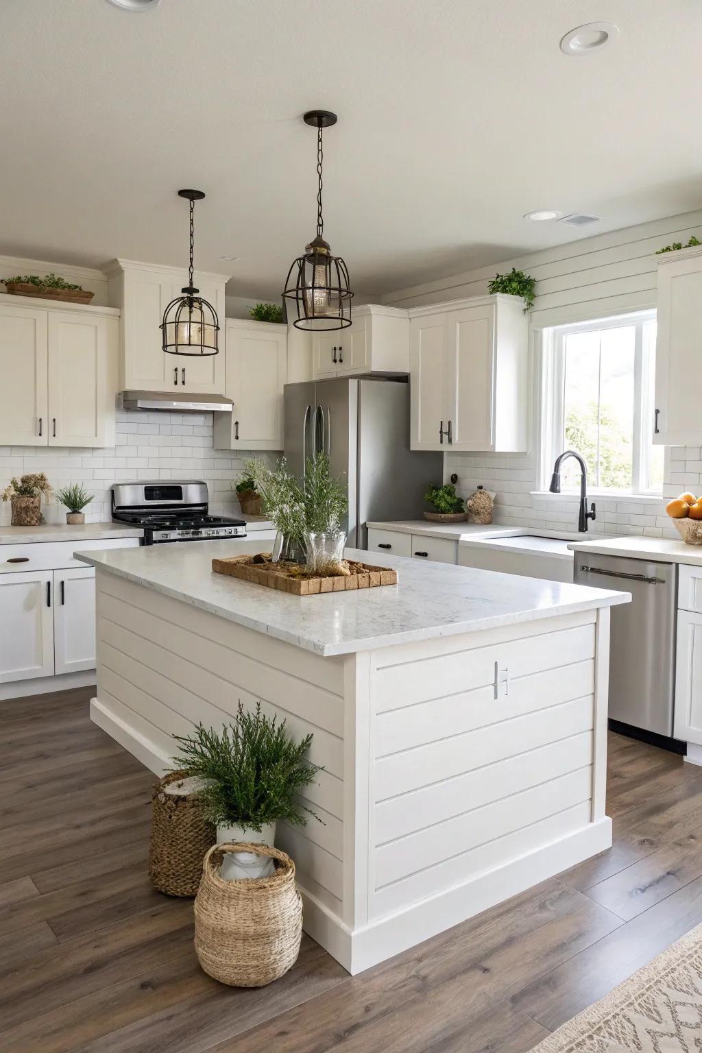 Minimalist shiplap island defined by sleek lines and understated decor.
