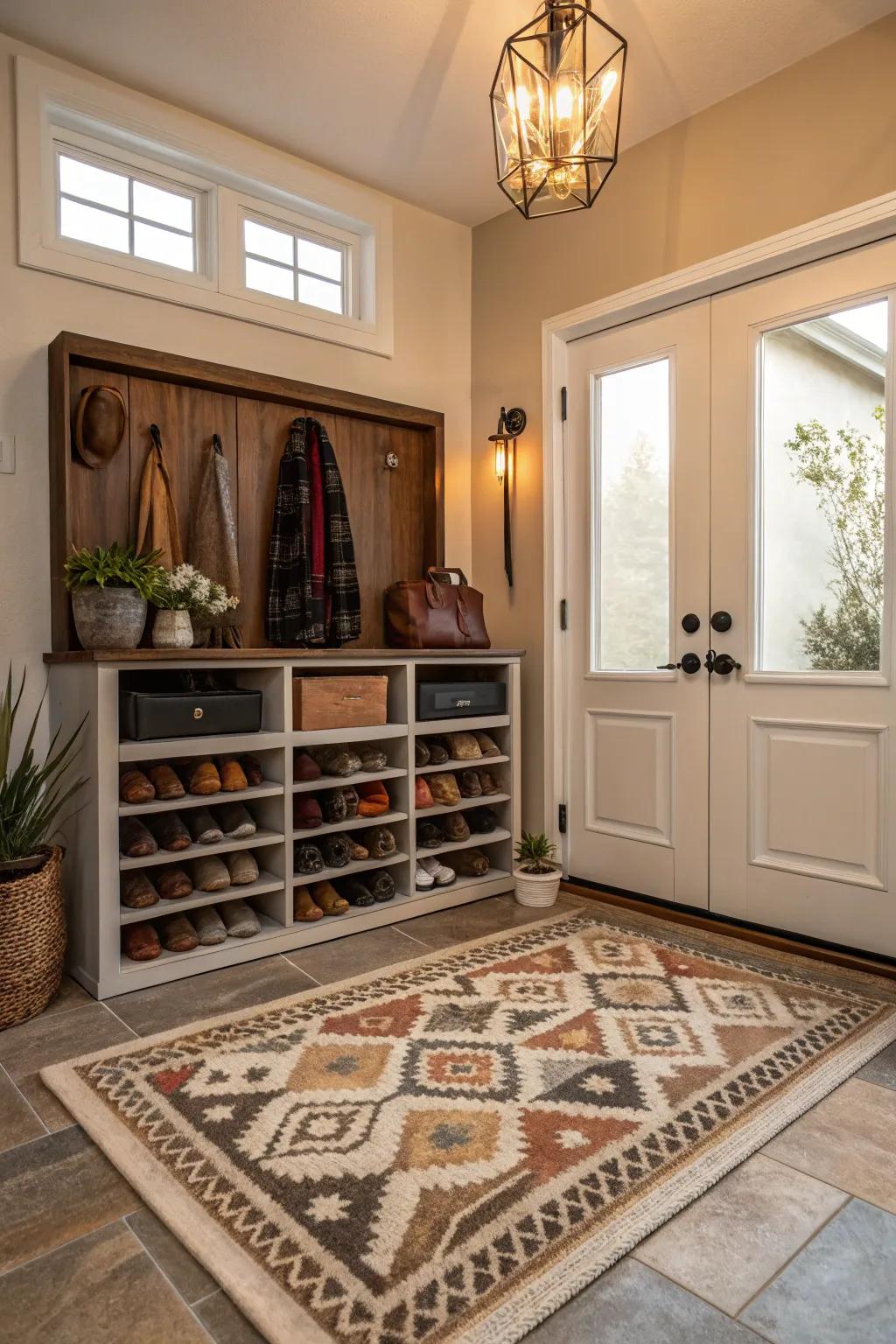 A rug demarcating the space facing a footwear cabinet.