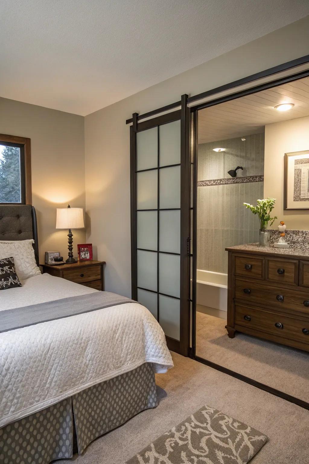 Chic seclusion solutions using sliding entrances inside a bedroom shower.