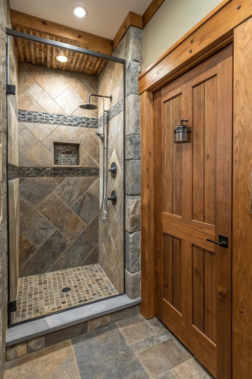 A dynamic shower stall featuring a blend of varied textures for enhanced depth.