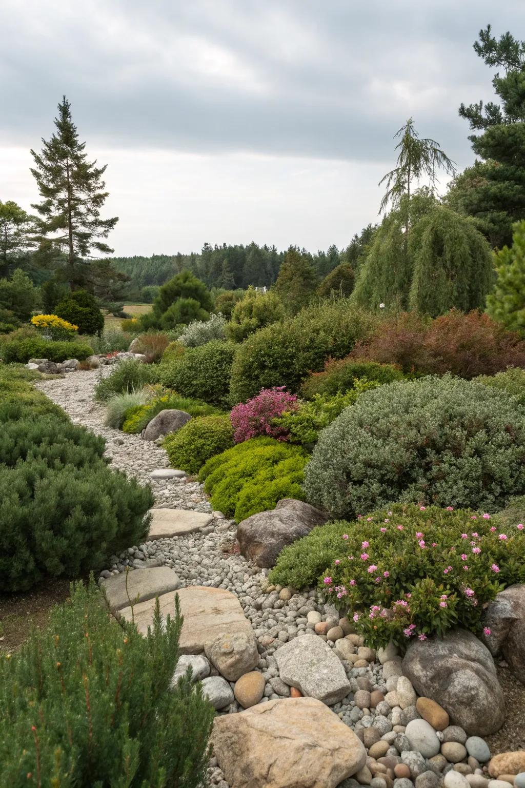 A naturalistic garden featuring a harmonious fusion of bushes and stones.