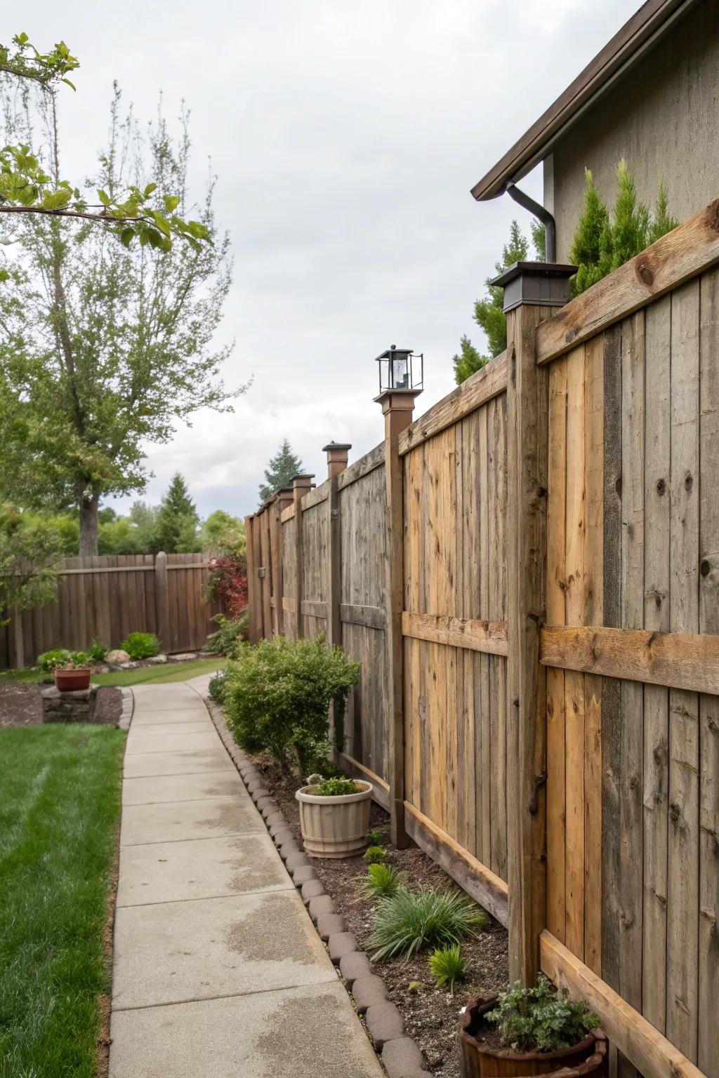 Sustainable side yard featuring a reclaimed wood fence.