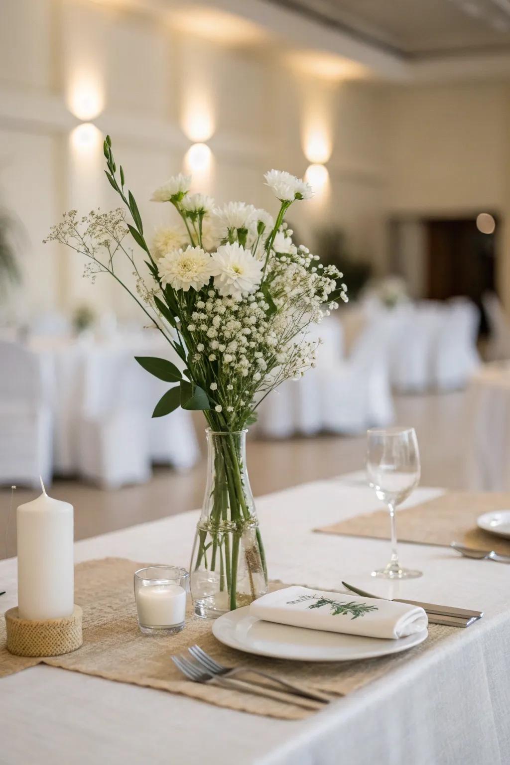 A minimalist bride and groom table with simple, elegant décor.