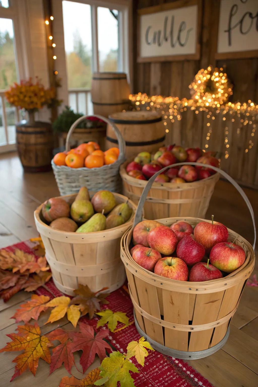 Hampers brimming with pomes impart a seasonal accent.
