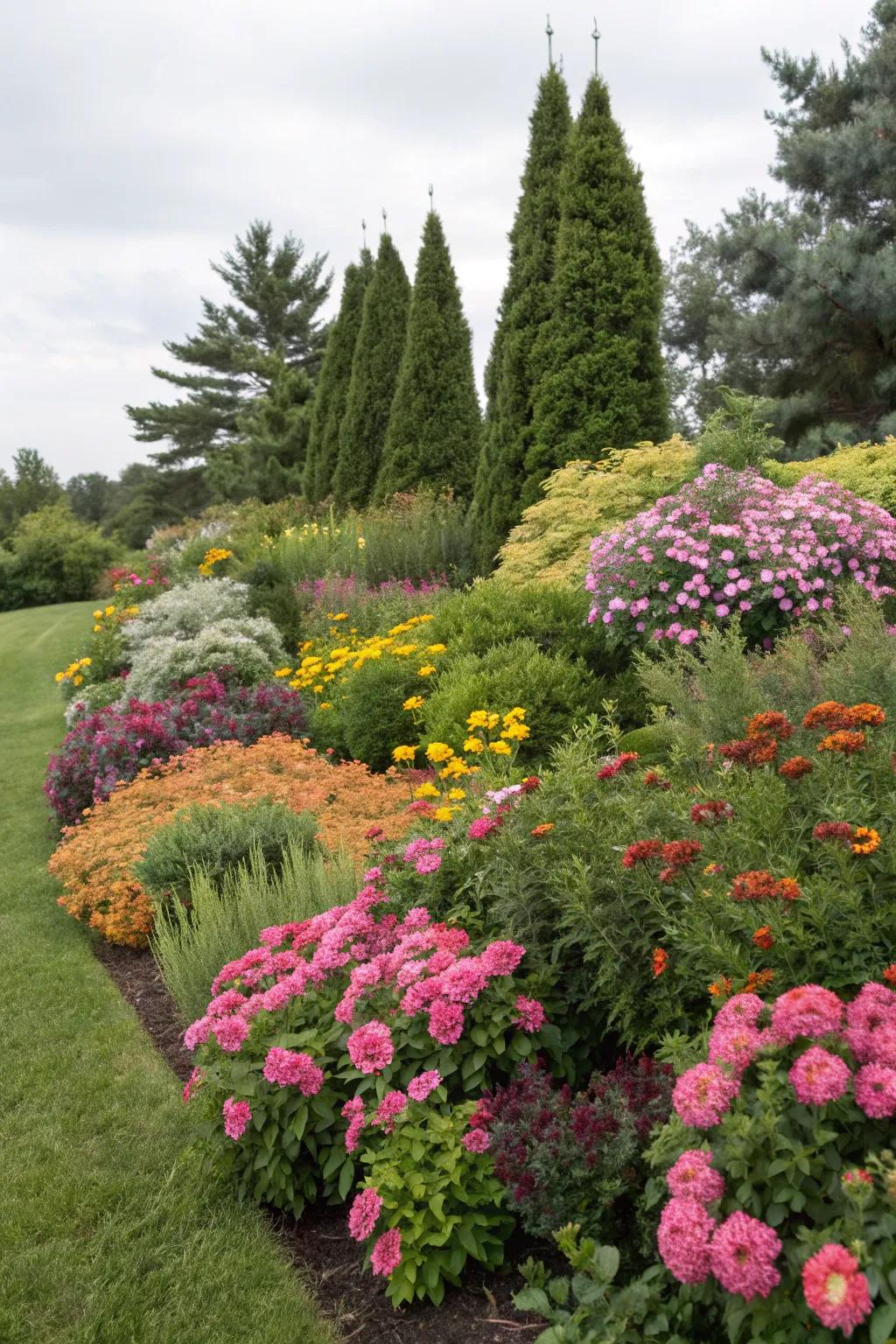Evergreen plants ensure the garden bed remains lush and lively throughout the year.