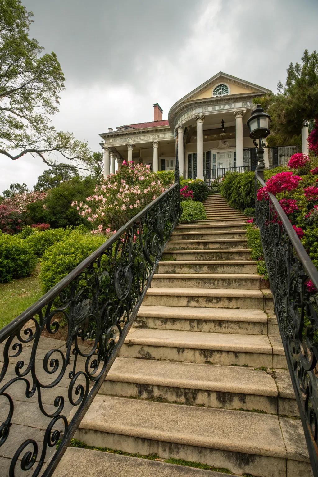 Fashioned iron handrails extend ageless sophistication and resilience.