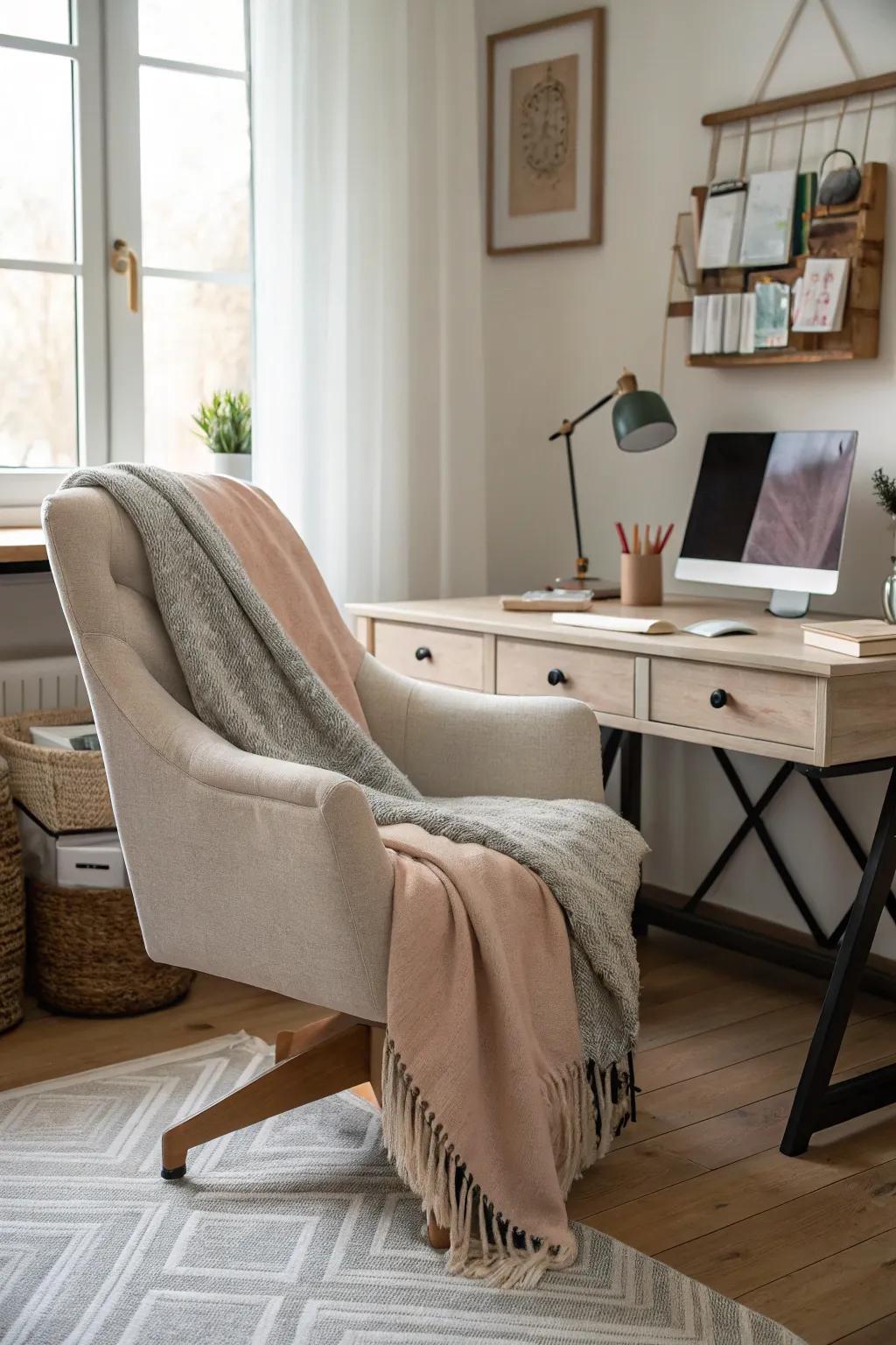 Comfort elements create a welcoming workspace.