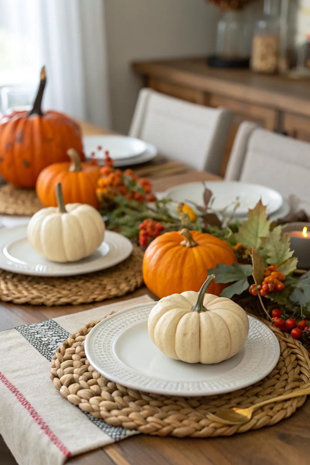 Seasonal details such as pumpkins evoke a cozy vibe.