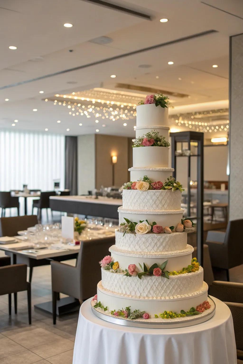 Symmetrically stacked cake for a balanced aesthetic.