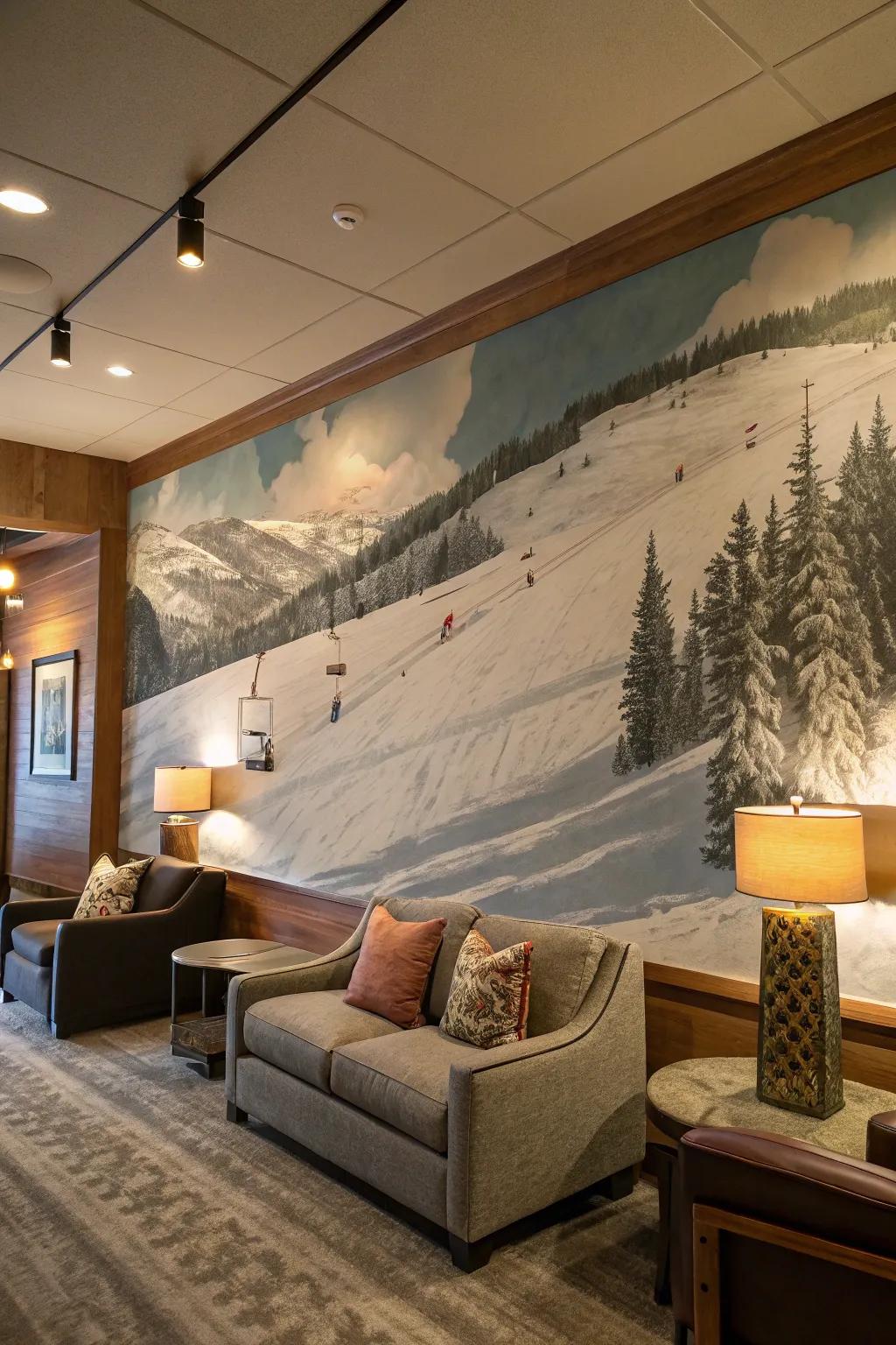 Transform your interior with a mural that portrays the excitement of skiing.