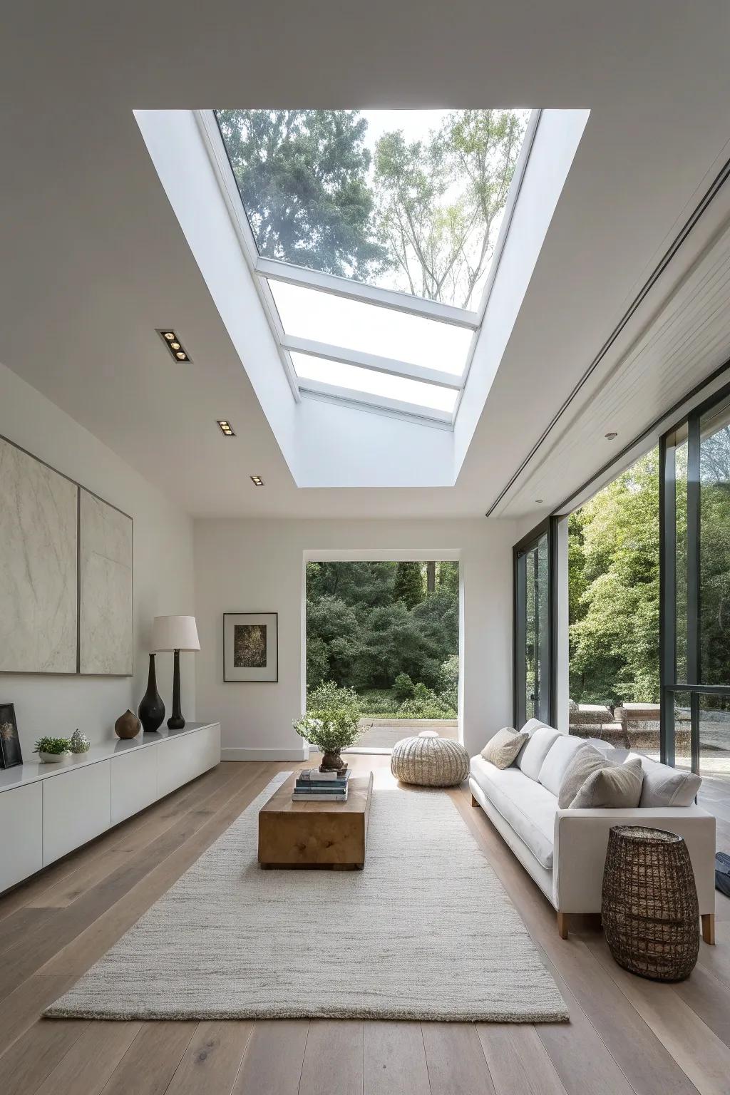 A minimalist space refined through a streamlined skylight.