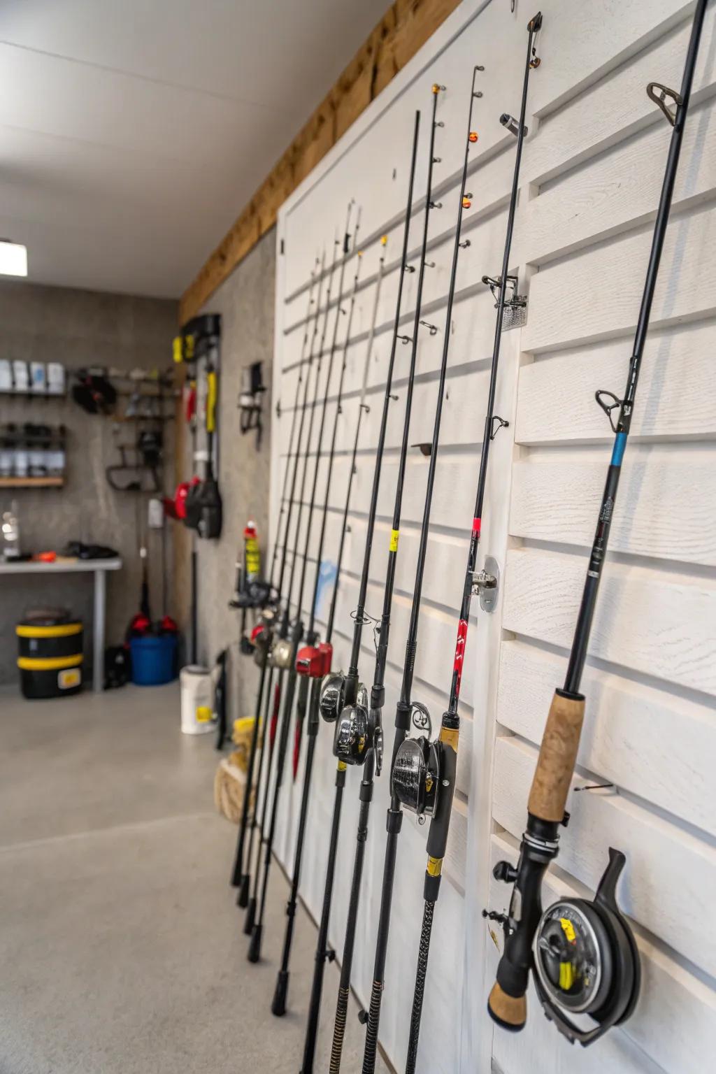 Fishing poles are safely kept on a slatwall.
