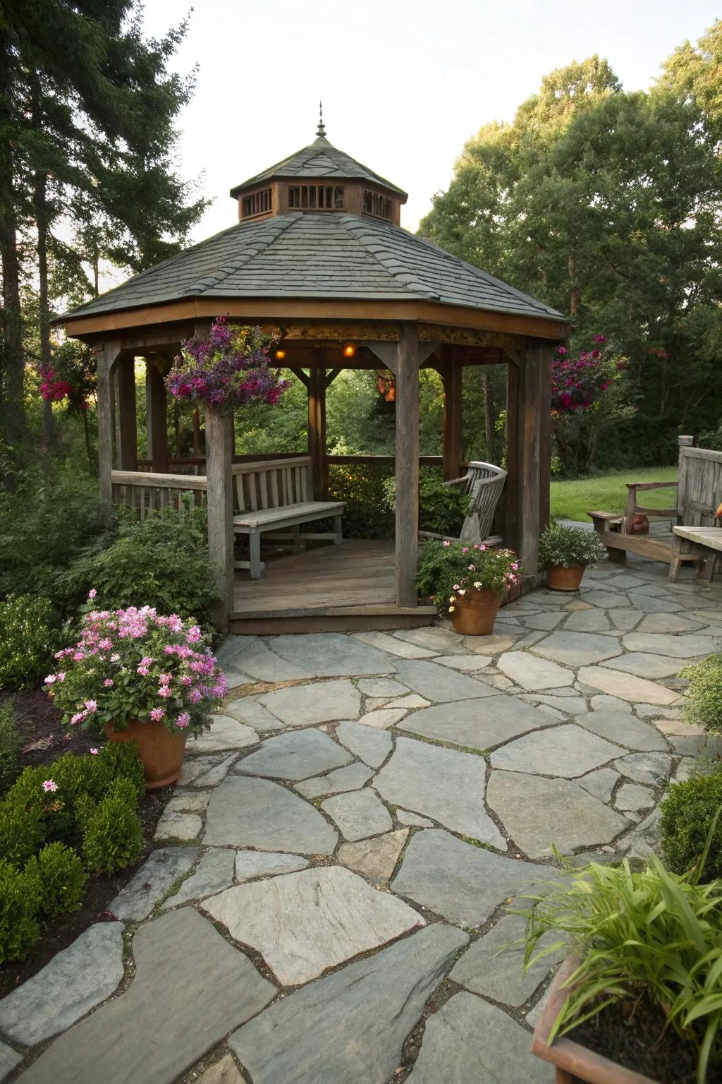 Flagstone paving imparts a country allure to your pavilion.