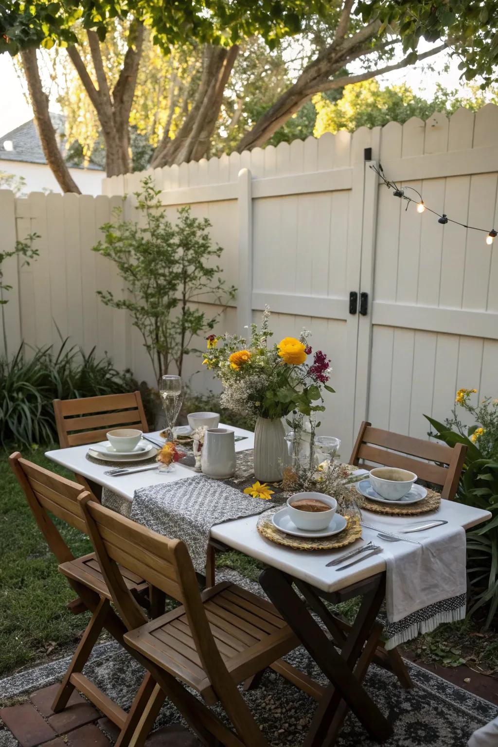 Savor meals in the open air with a cozy dining arrangement.