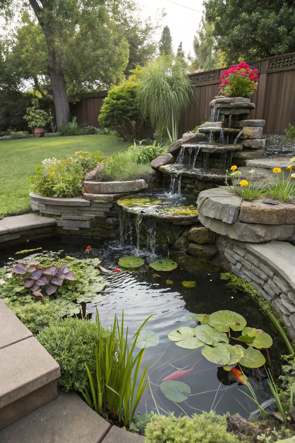 A multi-layered pond layout provides dimension and depth to a limited area.