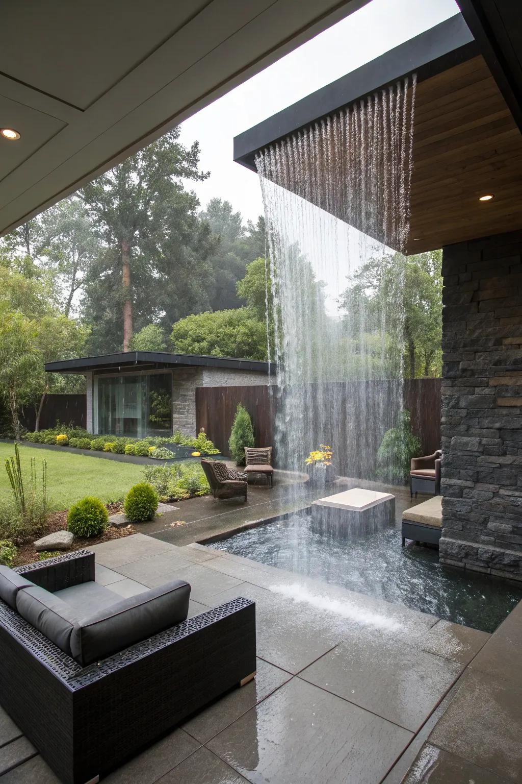 A rain curtain waterfall imparts a polished and contemporary accent to your garden.