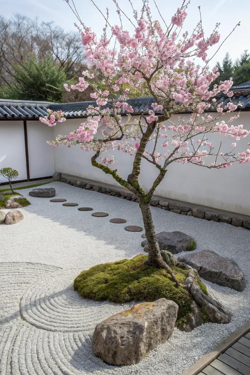 A zen garden showcases a petite cherry blossom tree at its peak bloom, infusing seasonal beauty.