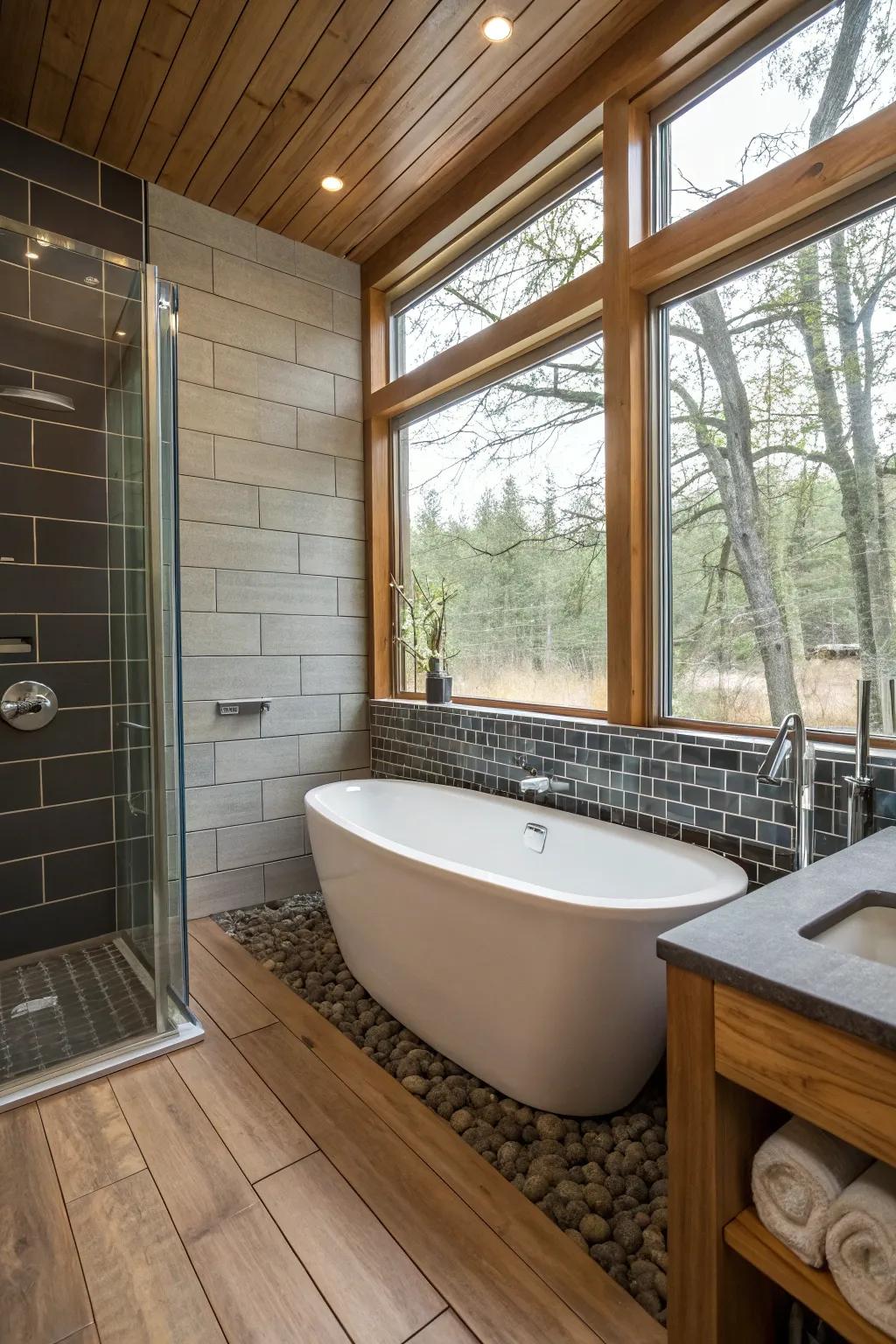 Combined materials contribute texture and visual interest.