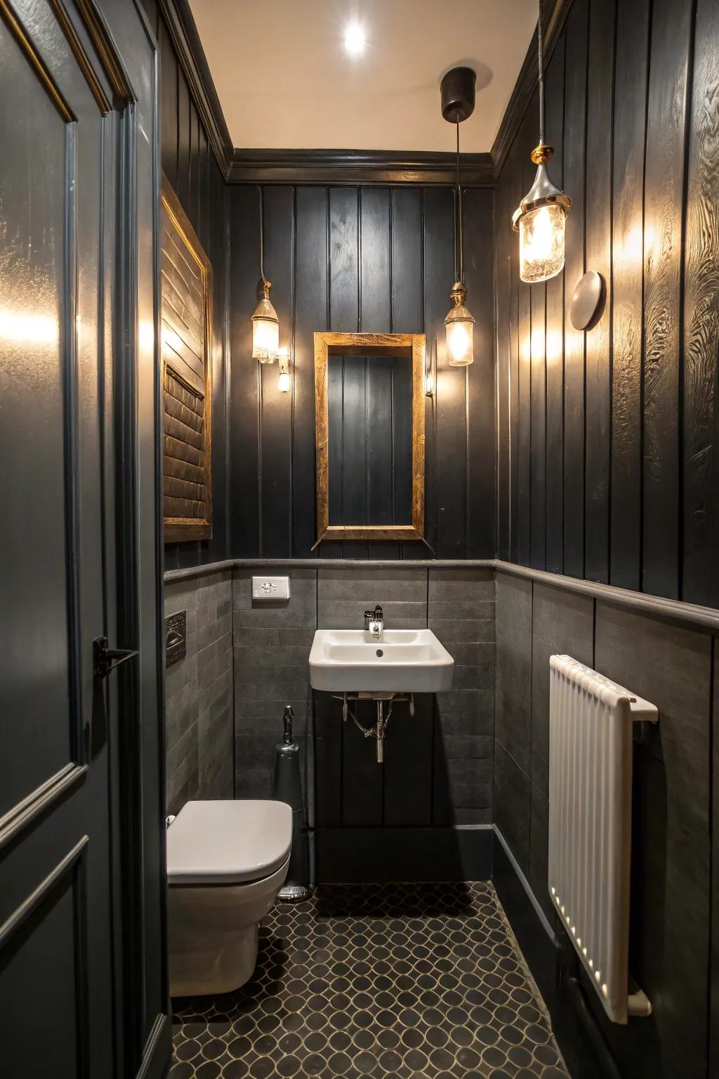 Dark panels are set within a compact bathroom, engendering an intimate and comforting milieu.