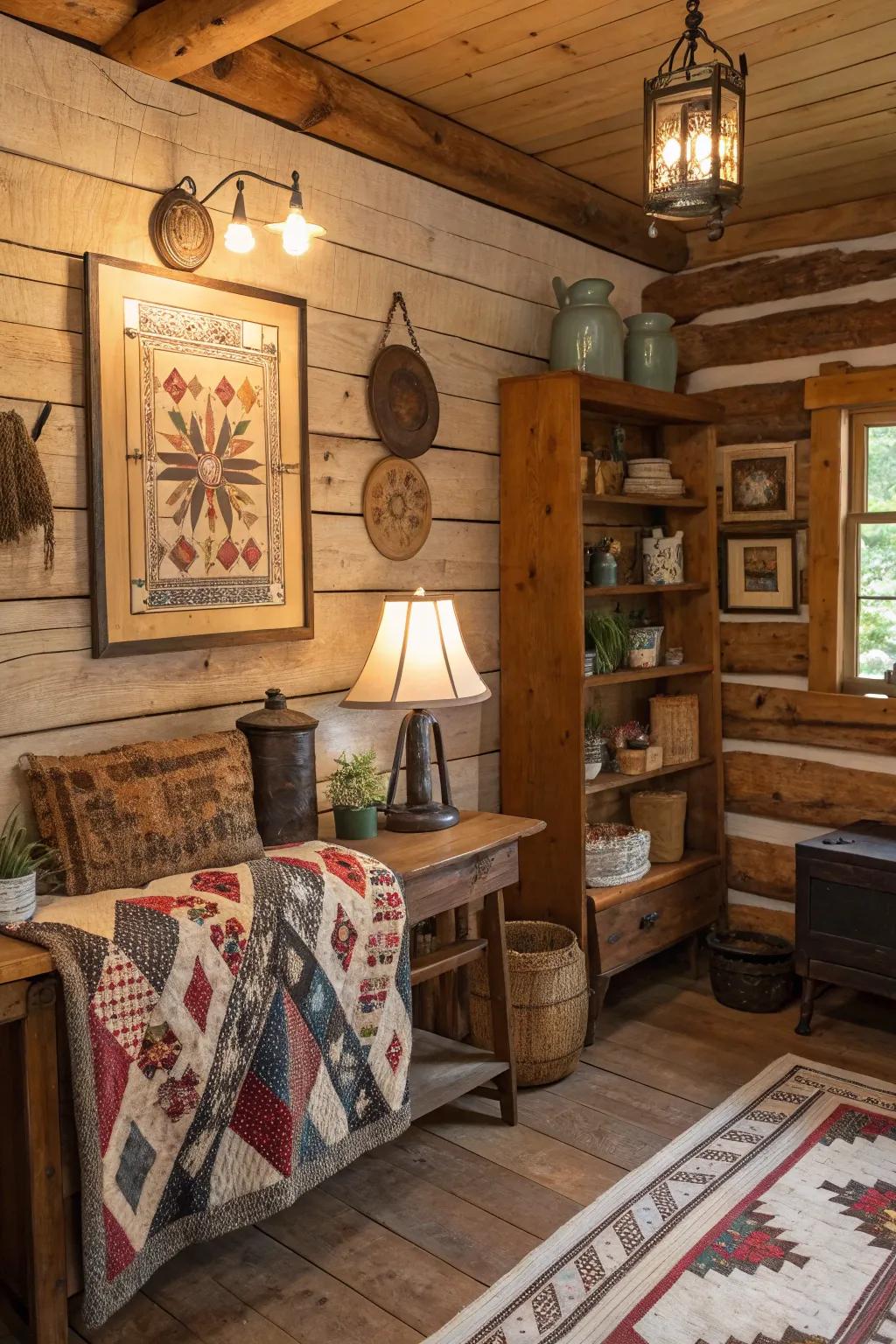 A cabin displaying a variety of vintage and hand-made decorations.