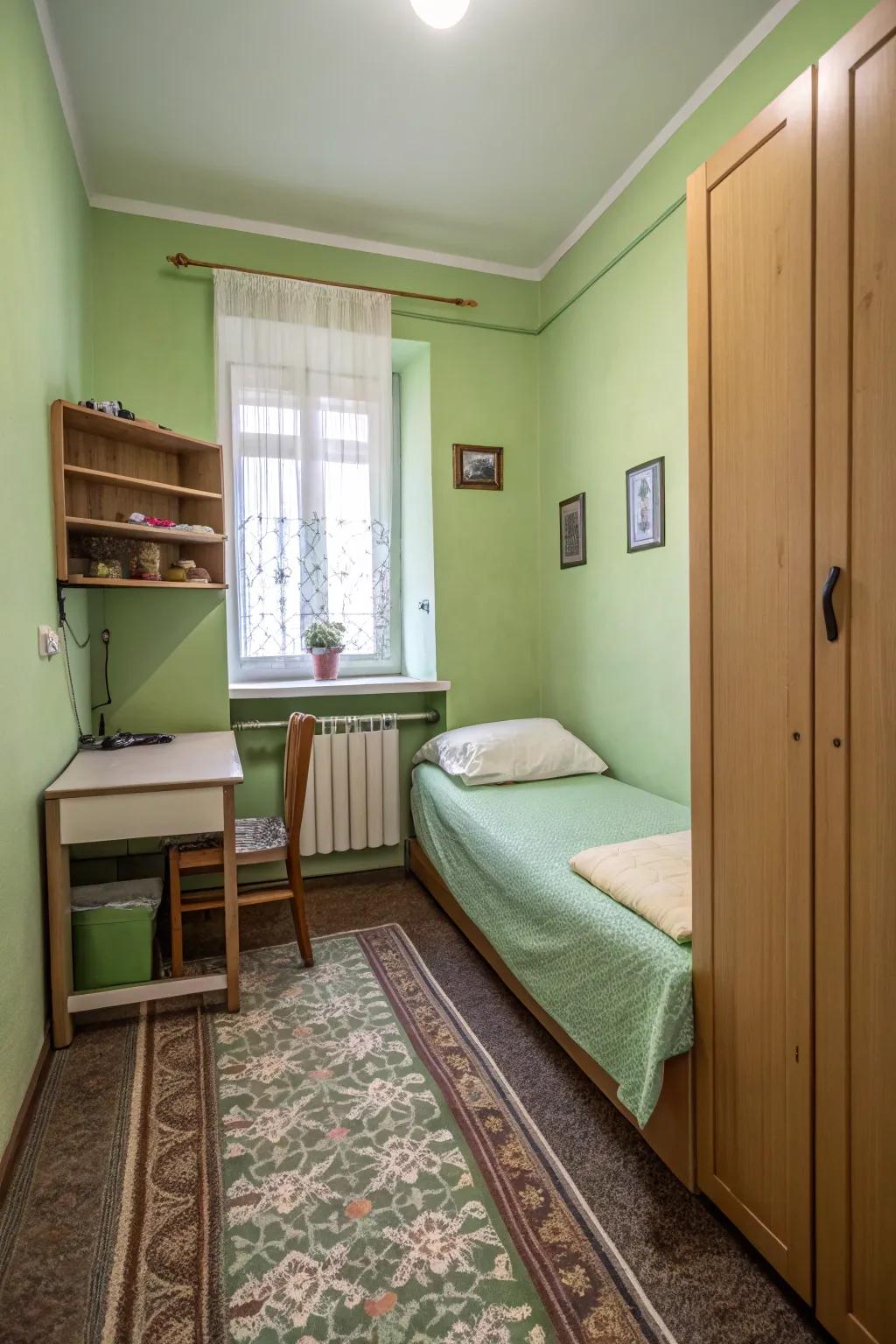 A streamlined design maximizes space in a compact bedroom.