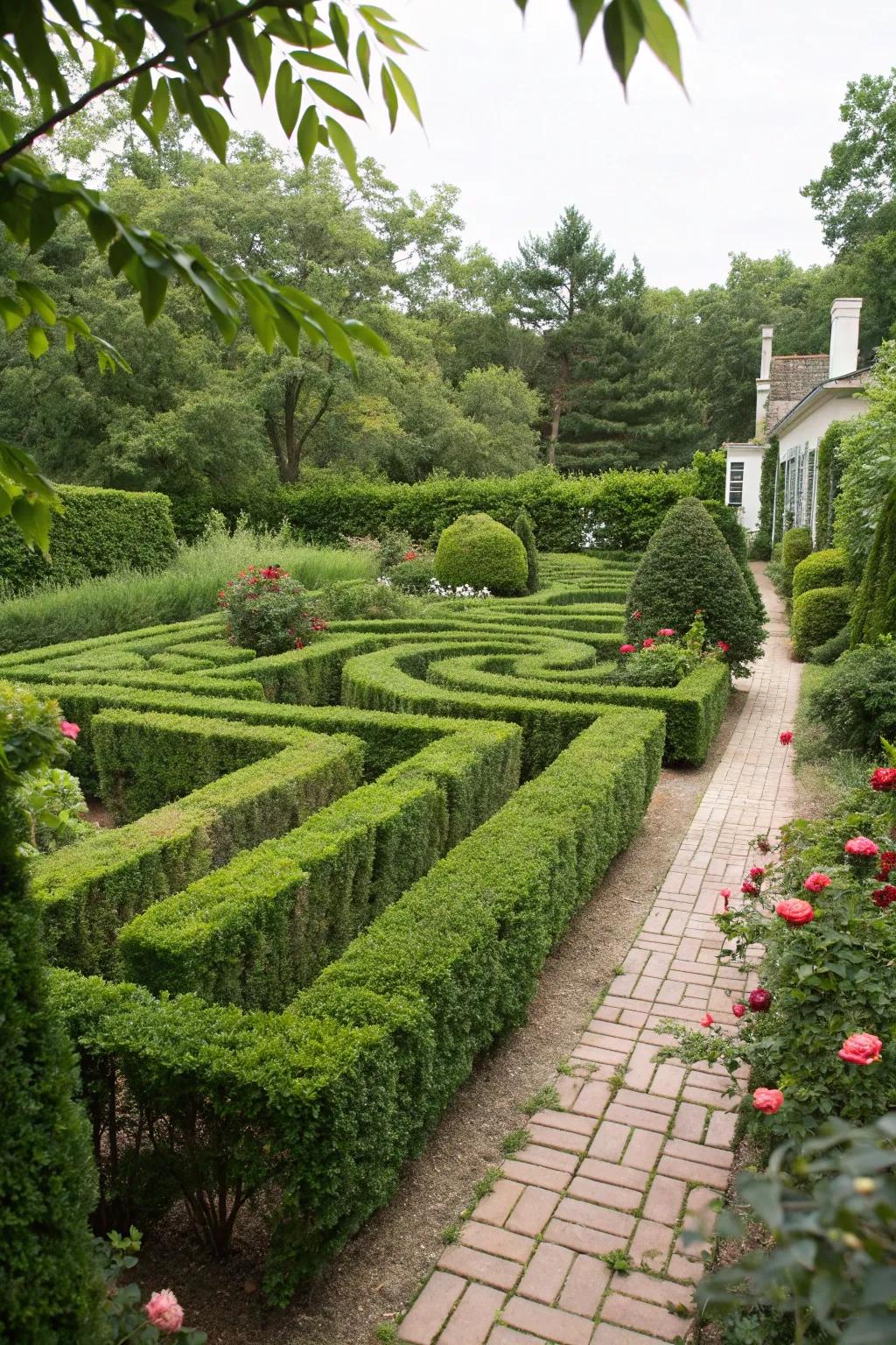 An enchanting hedge labyrinth infusing lightheartedness into the garden.