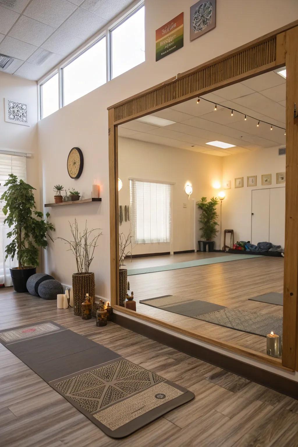 Yoga room with a large mirror enhancing light and space.