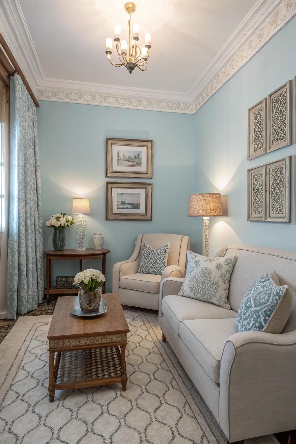 A small living room with soft blue walls for tranquility.