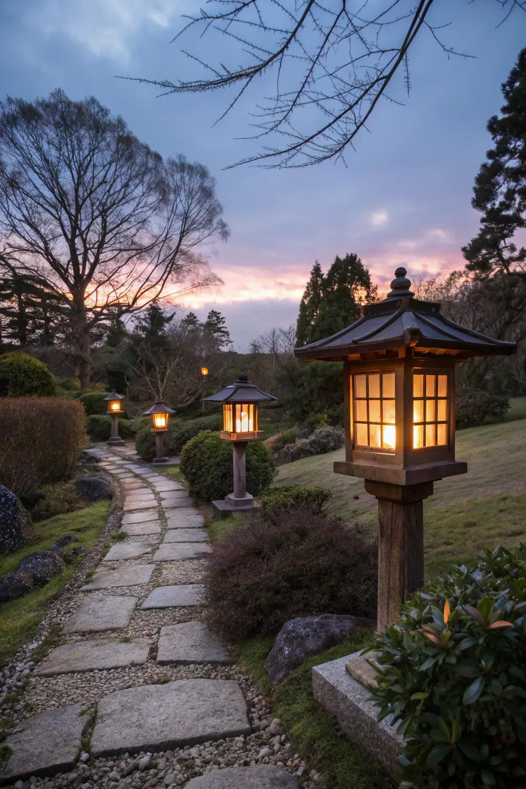 Japanese lanterns spreading a magical glow at dusk.