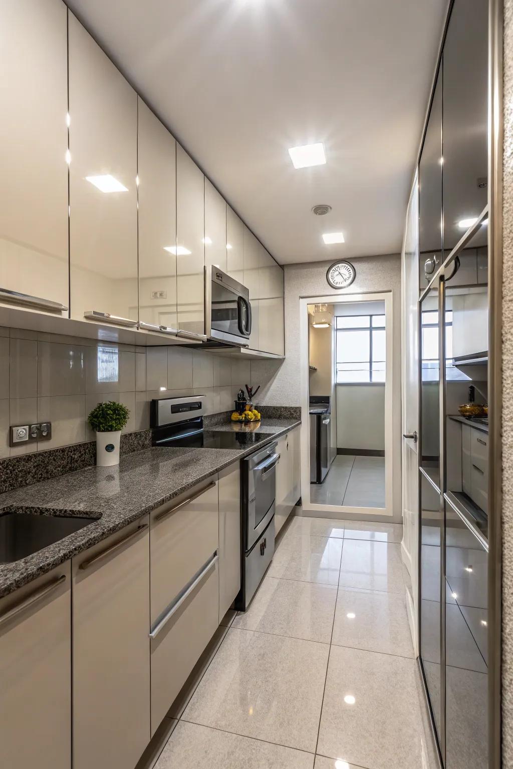 Mirrors in kitchens enhance light and proportions, optimal for compact areas.