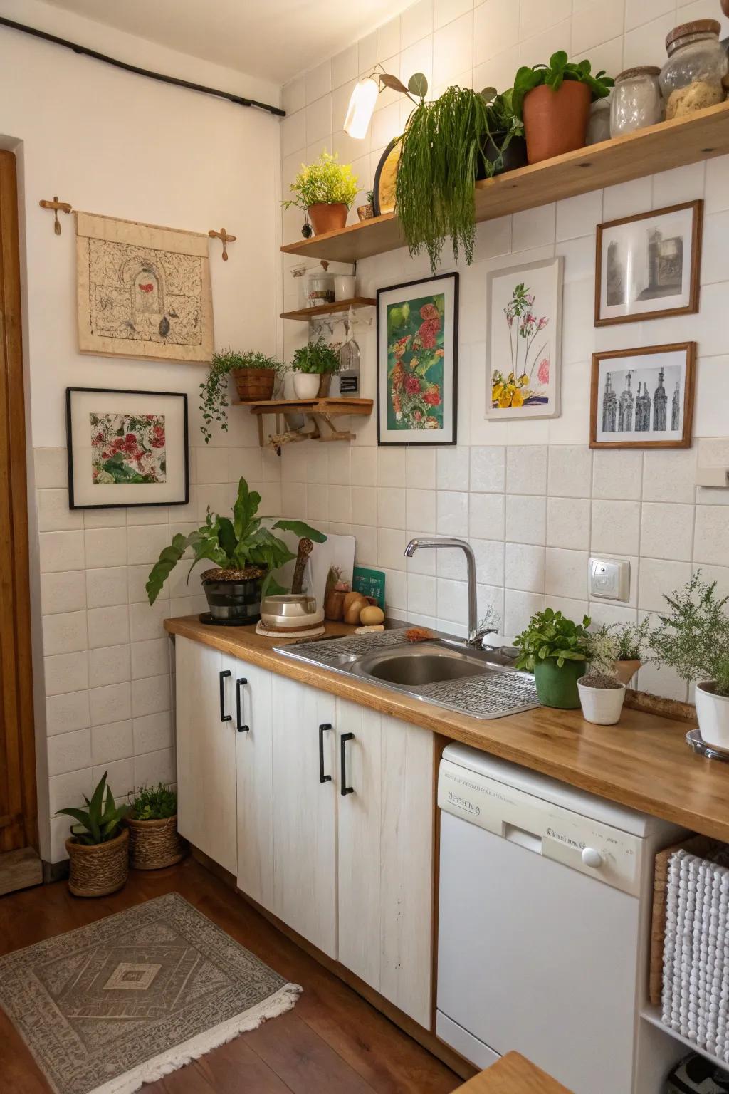 Decorative elements bring personal flair to a compact kitchen.