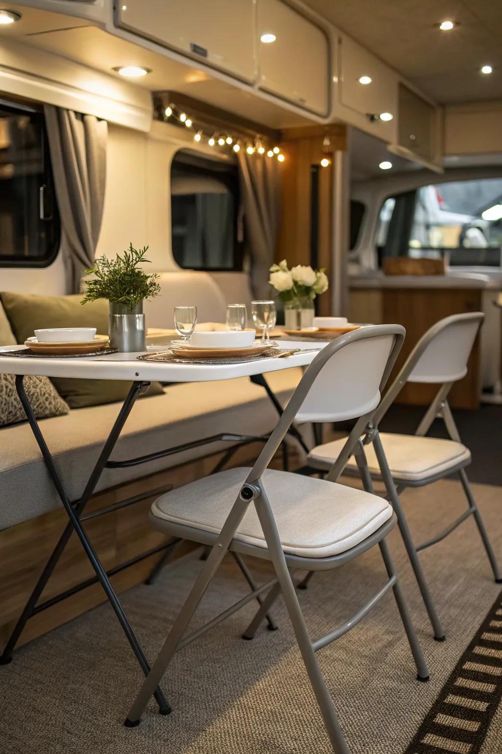 Folding chairs afford adaptable seating resolutions.