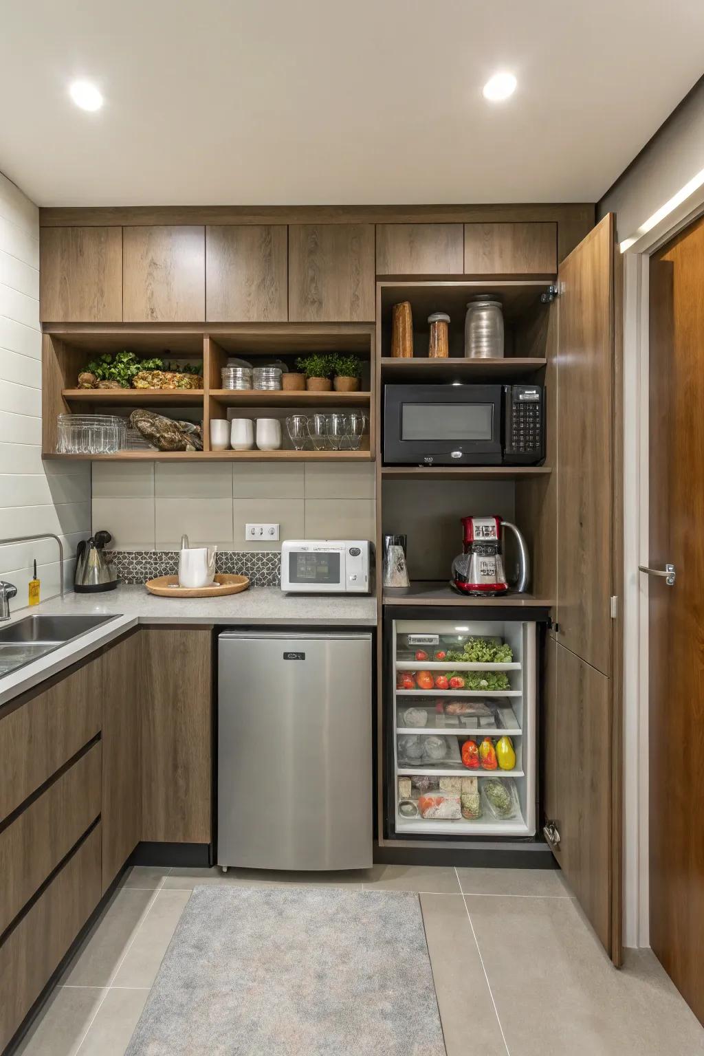 A thoughtfully designed mini-kitchen maximizing efficiency.