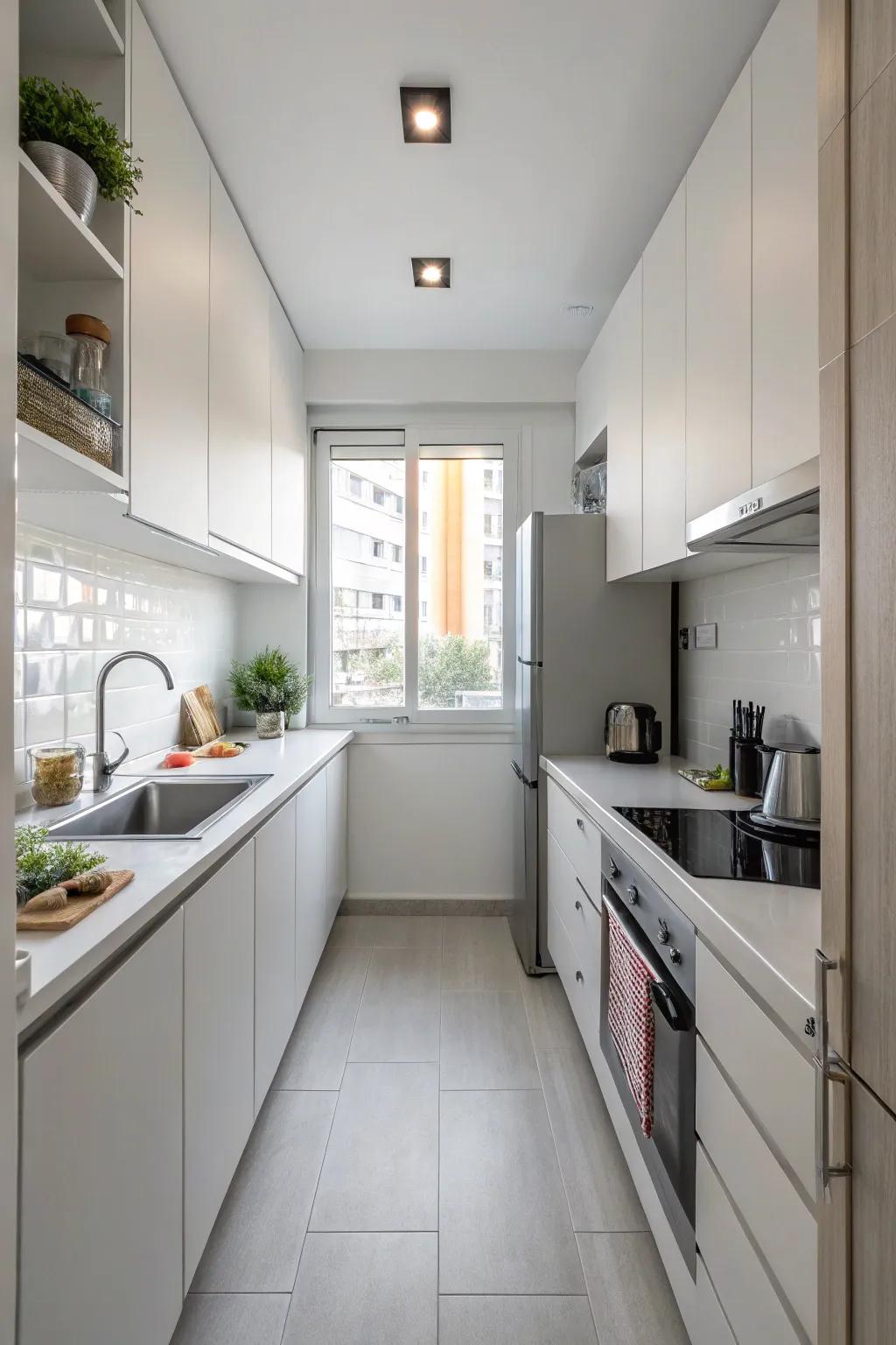 Minimalism sustains the tidy and expansive impression of this kitchen.