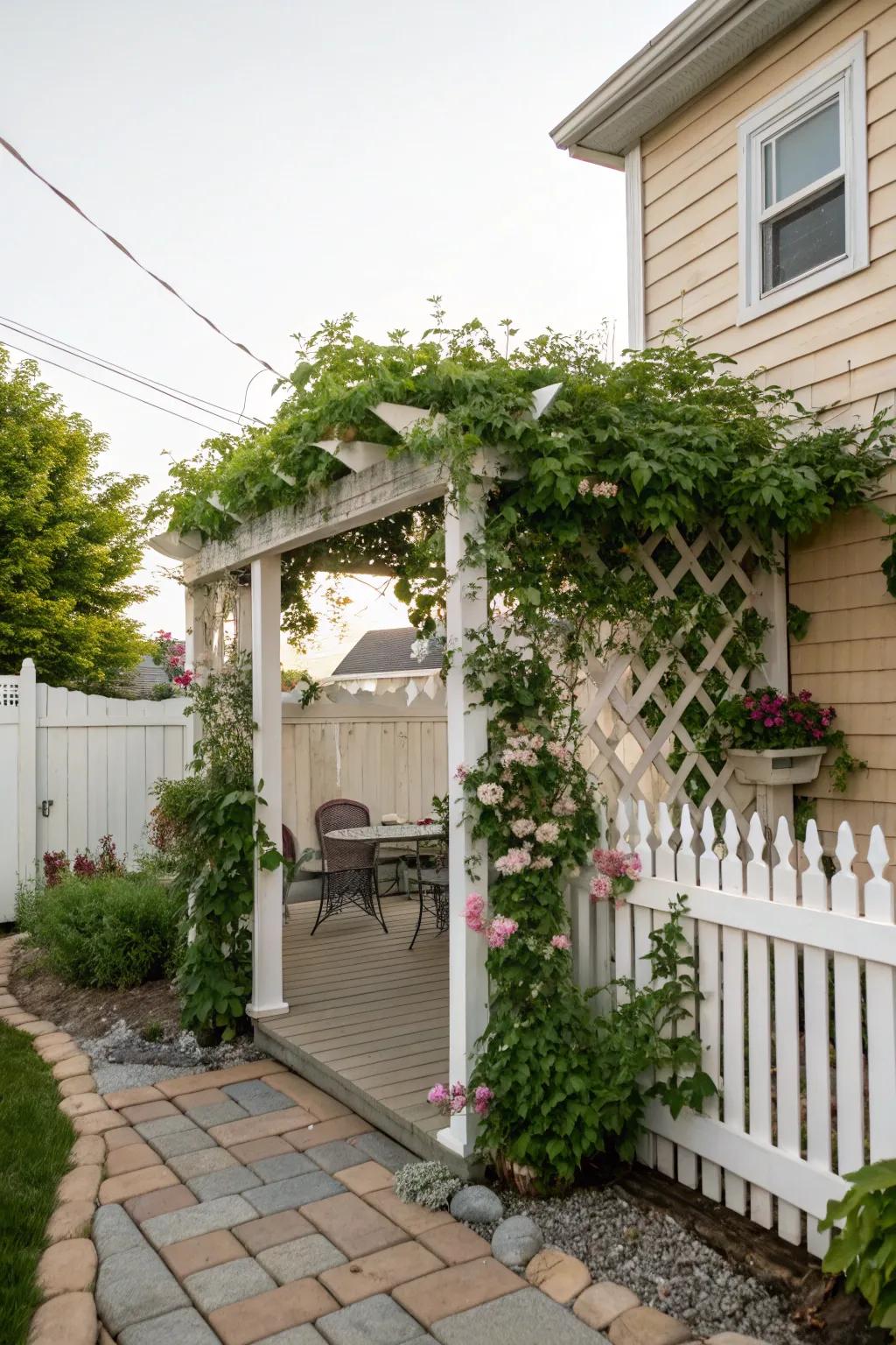 A trellis filled with climbing plants enriches privacy and aesthetics.