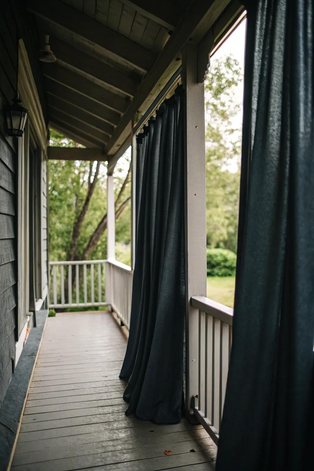 Darkening draperies ensure privacy and solace on sun-drenched days.