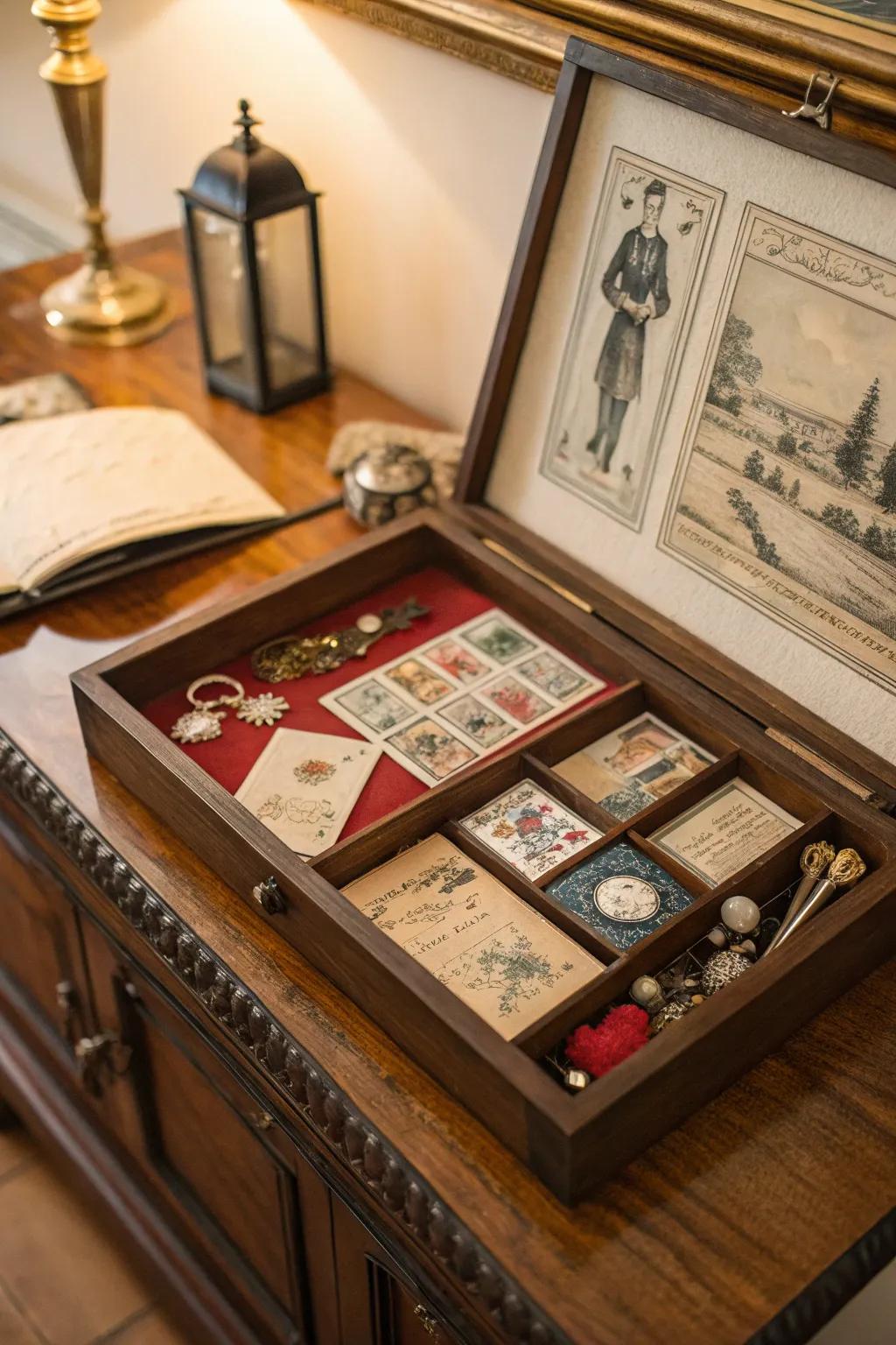 Using a vintage shadow box, add timeless elegance.