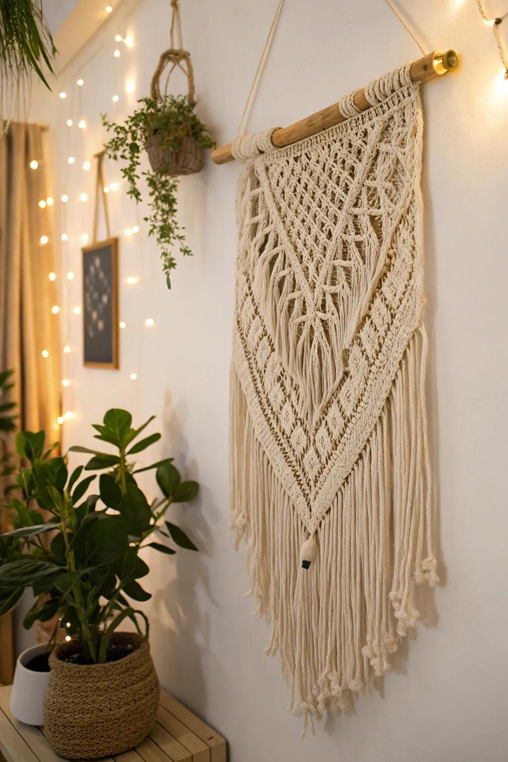 A macramé wall hanging adding depth and personality.
