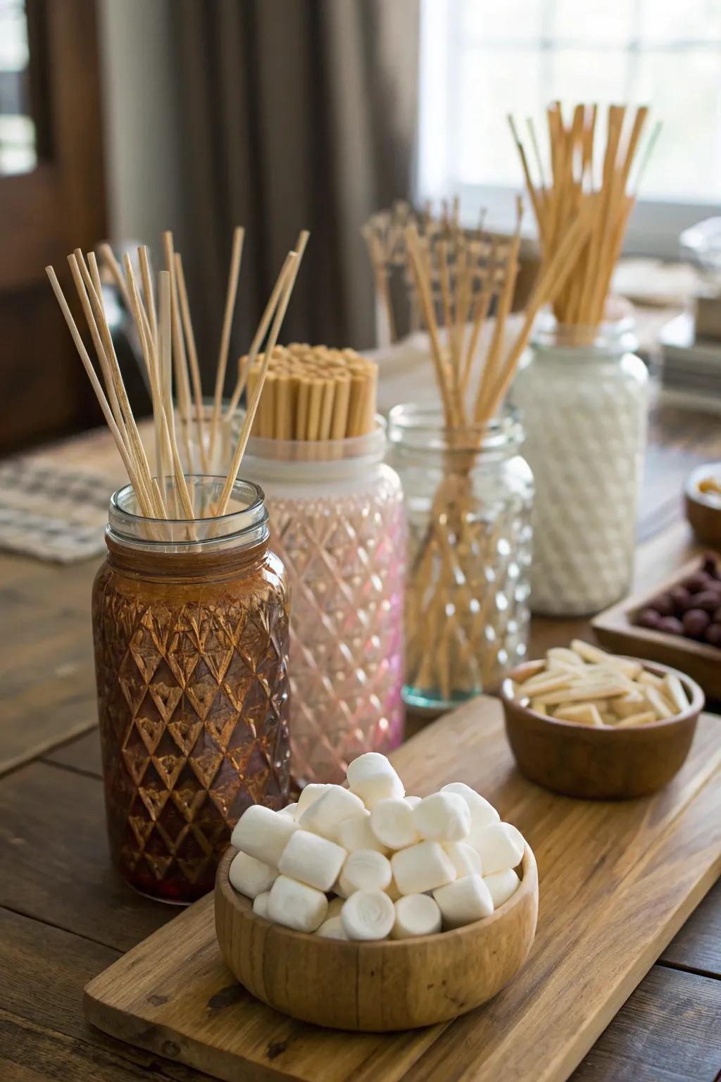 Stylish skewer displays can enhance the overall look of your s'mores bar.