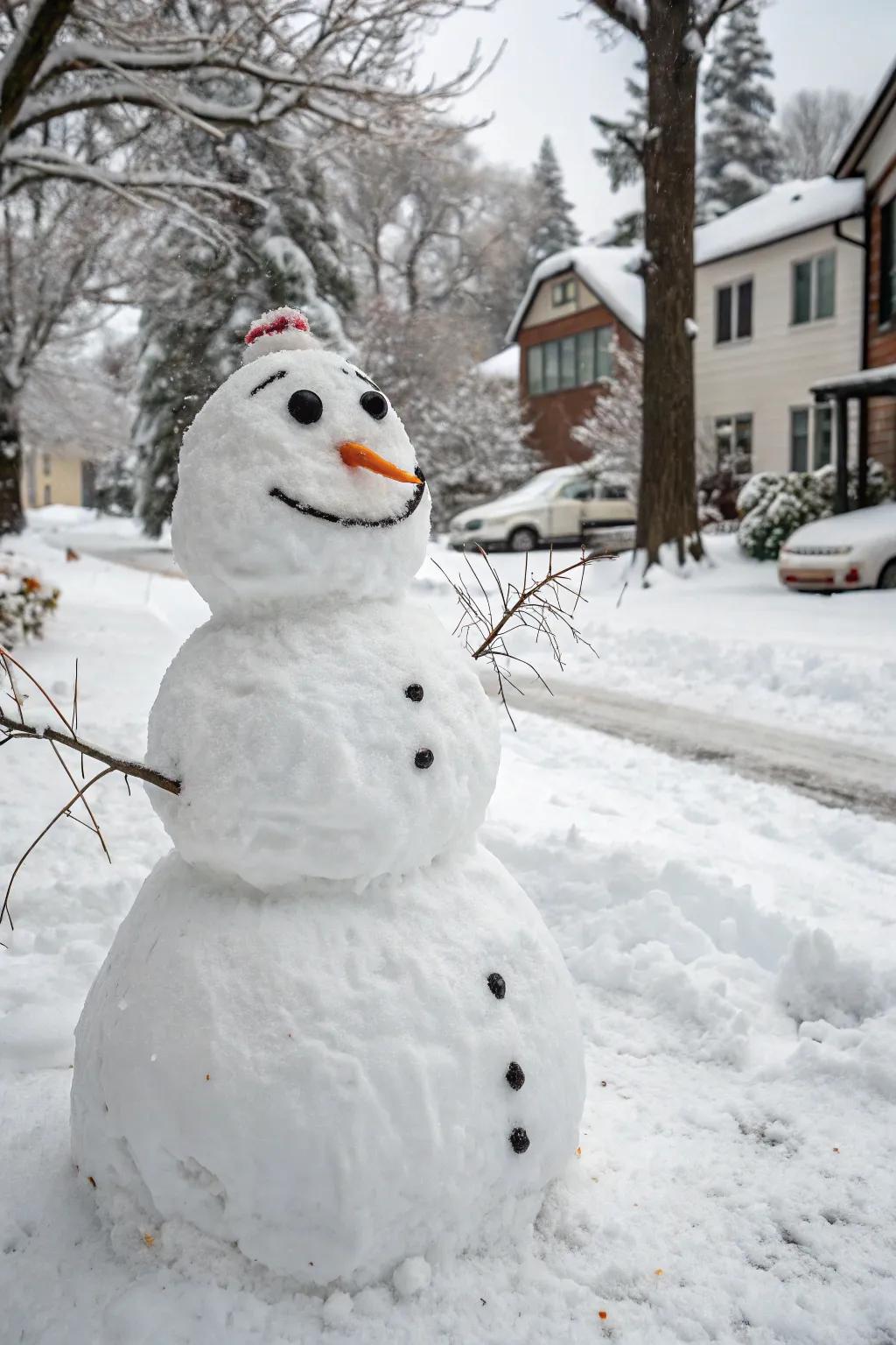 A snow figure exhibiting a humorous articulation disseminating jubilation.