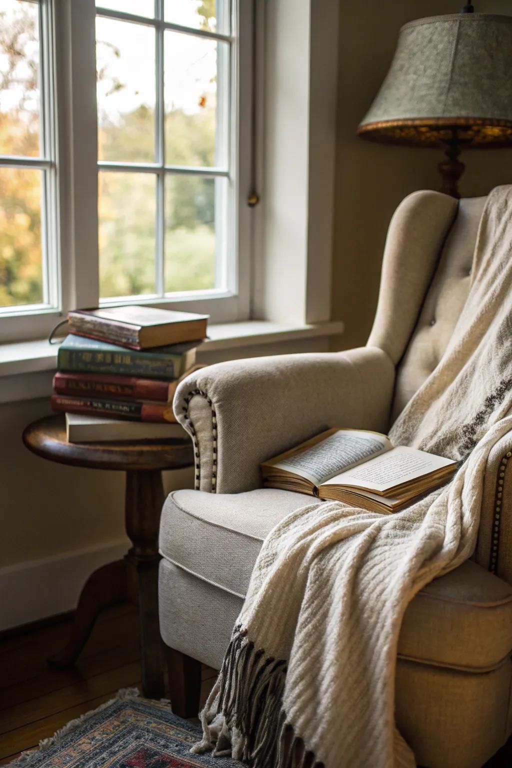 A snug reading nook invites you to relax and escape with a good book.