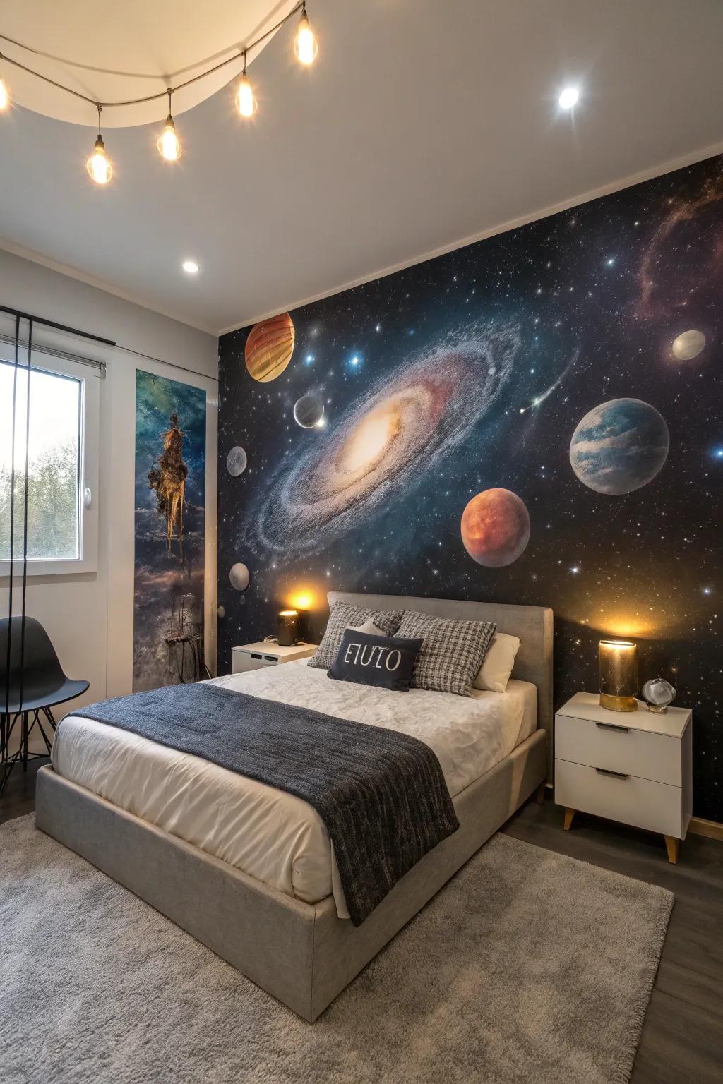 Space-themed wall art can initiate discussions in your room.