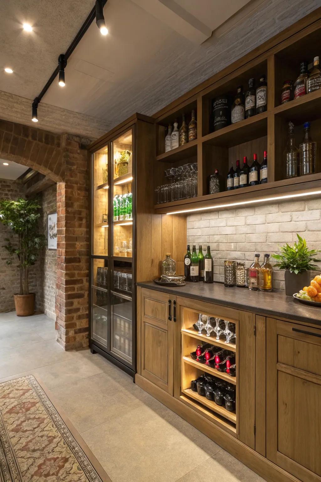 Elegant shelves and cabinets showcase your beverage assortment.