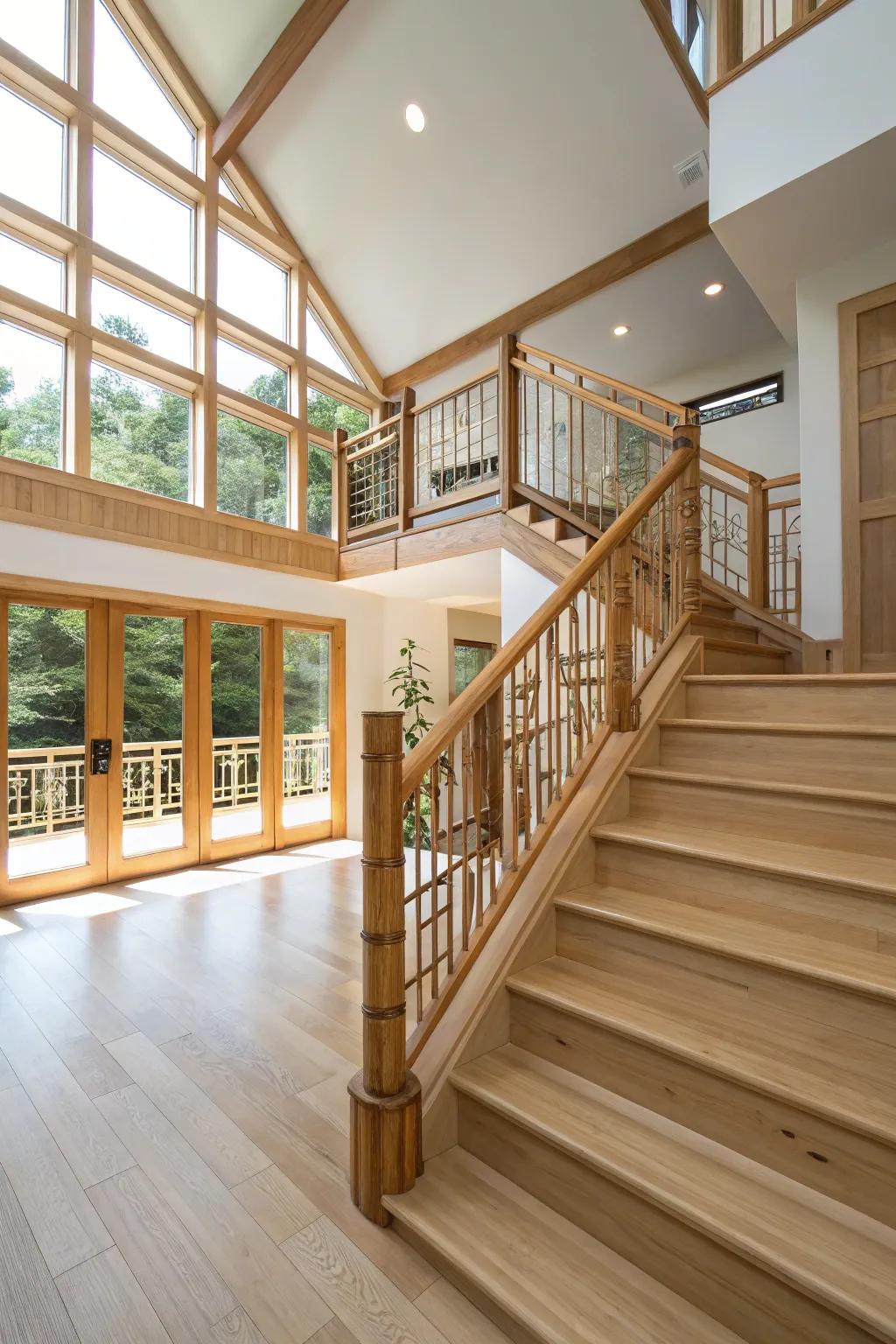 Eco-friendly bamboo railings adding natural beauty to a split-level home.